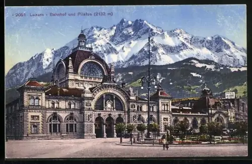 AK Luzern, Bahnhof und Pilatus