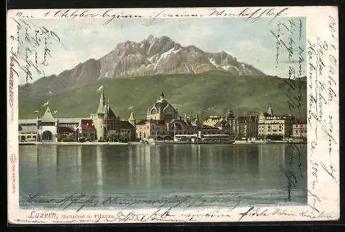 AK Luzern, Bahnhof u. Pilatus