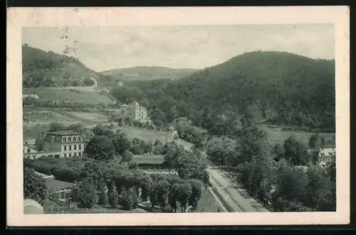 AK Karlsbad, Cafe Schweizerhof aus der Vogelschau