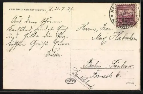 AK Karlsbad, Cafe Schweizerhof aus der Vogelschau