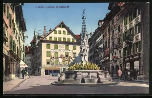 AK Luzern, Weinmarkt mit Pelzgeschäft und Brunnen
