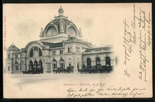 AK Luzern, Pferdekutschen vor dem Bahnhof