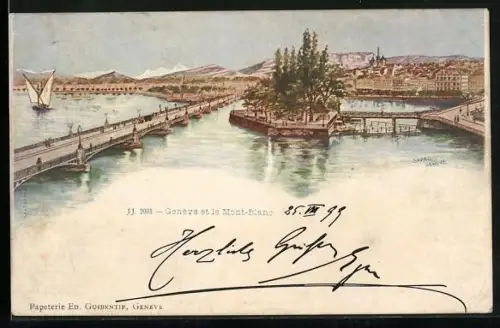 Künstler-AK Geneve, et le Mont-Blanc, Promenade
