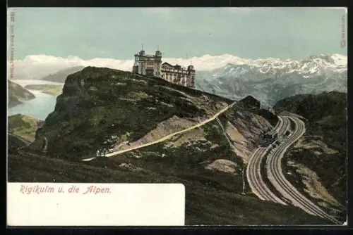 AK Rigikulm, Hotel und die Alpen mit Bergbahn