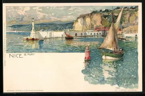Künstler-AK Manuel Wielandt: Nice, le Port, Hafen mit Leuchtturm und Segelbooten