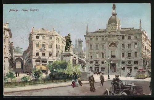 AK Milano, Piazza Cordusio, Strassenbahn
