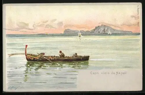 Lithographie Capri, Capri vista da Napoli, Blick zur Insel mit Ruderboot