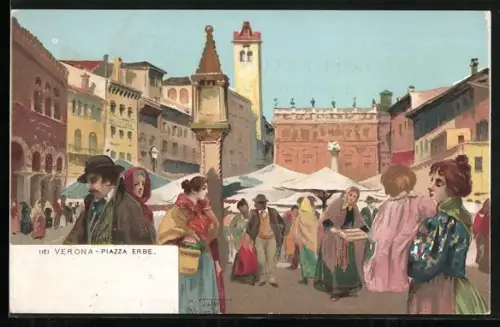Künstler-AK Verona, Piazza Erbe, Marktplatz