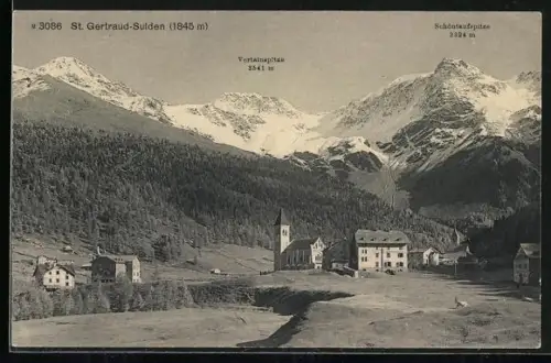 AK St. Gertraud-Sulden, Teilansicht mit Bergen