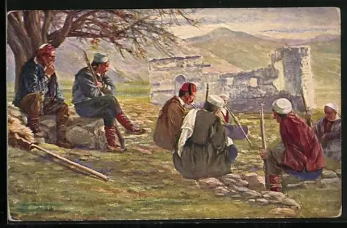 Künstler-AK Kriegsrat albanischer Stammeshäuptlinge, Weltkrieg 1914-1916
