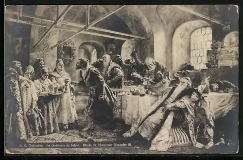 Künstler-AK sign. K. E. Makowsky: La ceremonie du baiser, Musee de l`Empereur Alexandre III.Frauen bedienen Männer