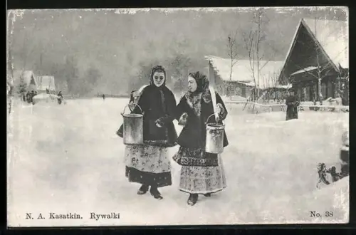 Künstler-AK Rywalki, russische Wasserholerinnen im Winter