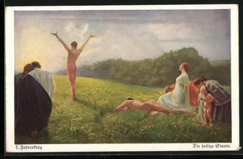 Künstler-AK Ludwig Fahrenkrog: Die heilige Stunde, nackt auf der Wiese