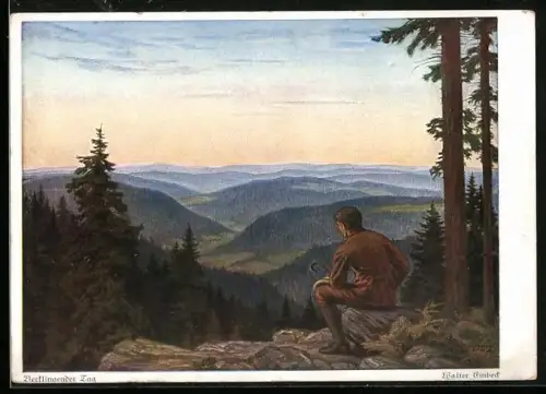 Künstler-AK Walter Einbeck: Verklingender Tag Wanderer beobachtet Sonnenuntergang