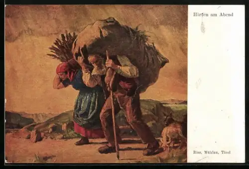 Künstler-AK Thomas Riss: Hirten am Abend mit Sack auf dem Rücken