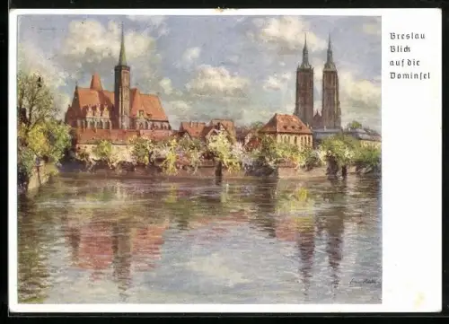 Künstler-AK Breslau, 12. Deutsches Sängerbundesfest 1937, 75-Jahr-Feier des DSB, Blick auf die Dominsel