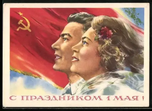 AK Russisches Paar vor Fahne, 1. Mai