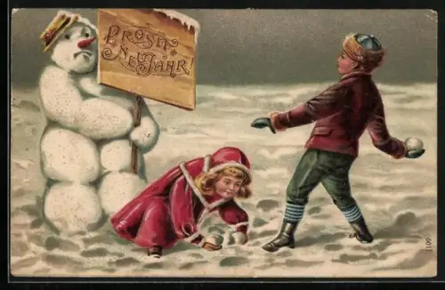 Präge-AK Kinder bewerfen einen Schneemann mit Schneebällen, Prosit Neujar