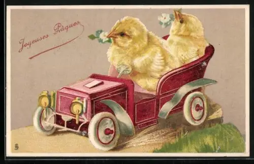AK Osterküken fahren ein Auto, Joyeuses Paques