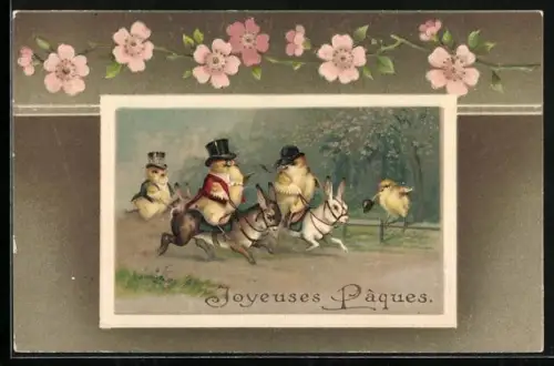 Präge-AK Osterküken reiten auf Osterhase um die Wette, Joyeuses Paques