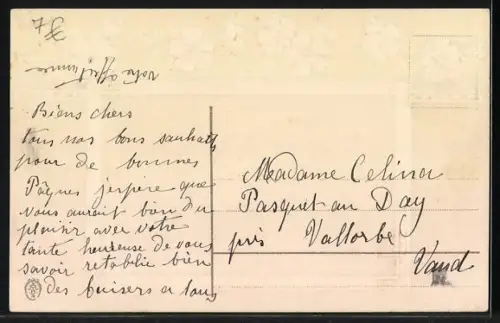 Präge-AK Osterküken reiten auf Osterhase um die Wette, Joyeuses Paques