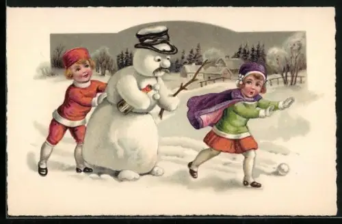 AK Mädchen läuft erschrocken vor dem Schneemann davon