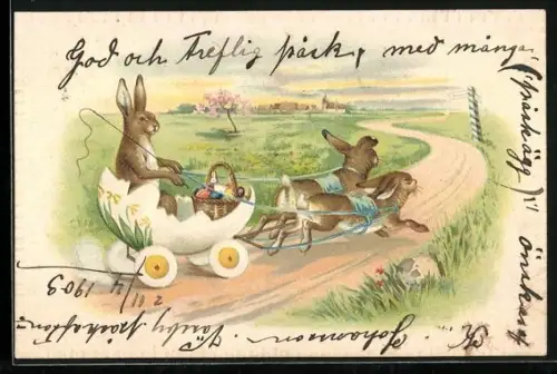 Präge-AK Osterhasengespann auf einer Landstrasse