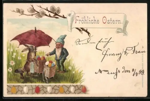 Lithographie Zwerg kauft Ostereier bei einem Osterhasen, Fröhliche Ostern