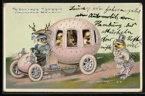 AK Osterküken und Osterhase in einer Eier-Kutsche, Fröhliche Ostern