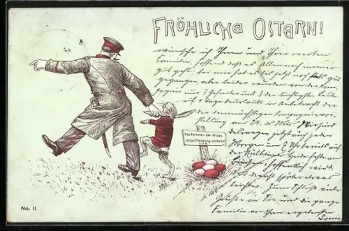 Lithographie Osterhase wird von einem Polizisten festgenommen, Fröhliche Ostern