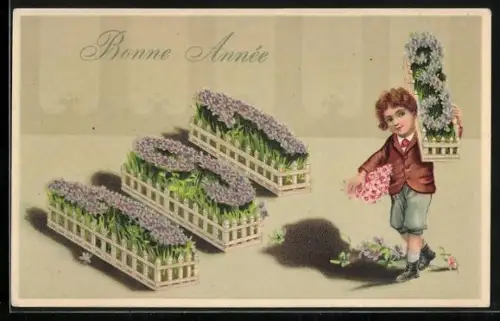 Präge-AK Junge mit Blumenbeeten mit Blumen in Form der Jahreszahl 1913, Bonne Année