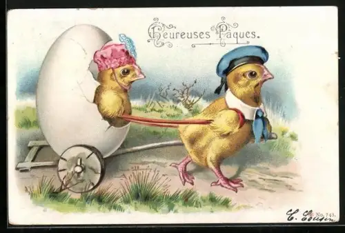 Lithographie Osterküken in einer Eierschalen-Kutsche, Heureuses Paques