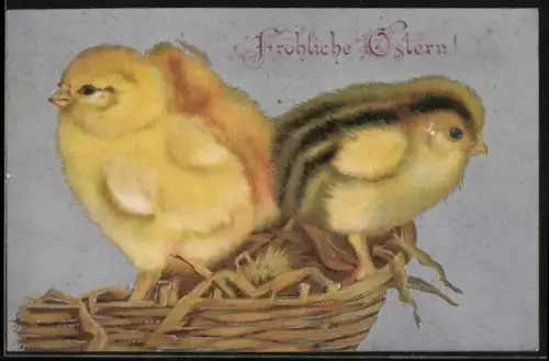 Präge-AK Osterküken im Nest, Fröhliche Ostern