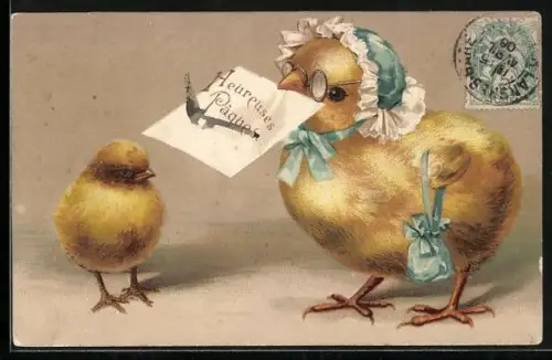 Präge-AK Osterküken mit Haube und Tasche bringt eine Nachricht Heureuses Paques