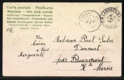 Präge-AK Osterküken mit Haube und Tasche bringt eine Nachricht Heureuses Paques