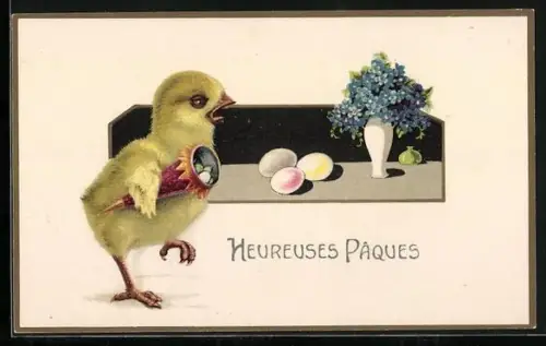 AK Osterküken sammelt die Ostereier ein, Heureuses Paques