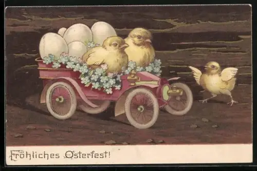 Präge-AK Osterküken im Auto mit Ostereiern und Vergissmeinnicht, Fröhliches Osterfest