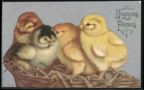 Präge-AK Osterküken in ihrem Nest, Joyeuses Paques
