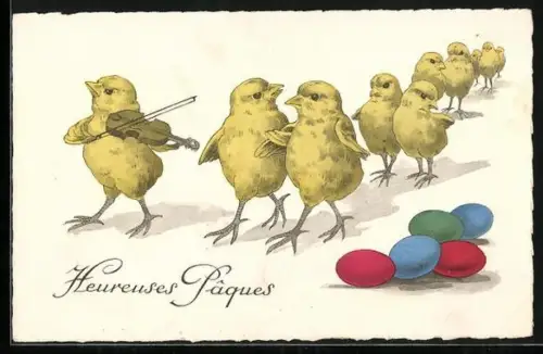 AK Osterküken mit Geige, Osterküken-Parade, Heureuses Paques