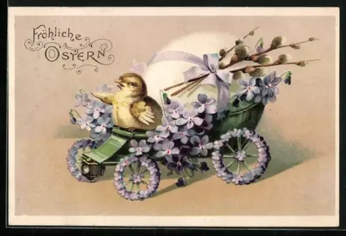 Präge-AK Osterküken in einem Auto mit Vergissmeinnicht und Weidenkätzchen, Fröhliche Ostern