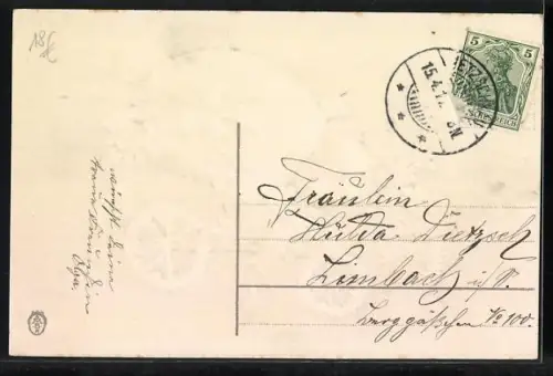 Präge-AK Osterküken in einem Auto mit Vergissmeinnicht und Weidenkätzchen, Fröhliche Ostern