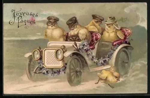 Präge-AK Osterküken in einem Automobil mit Vergissmeinnicht, Joyeuses Paques