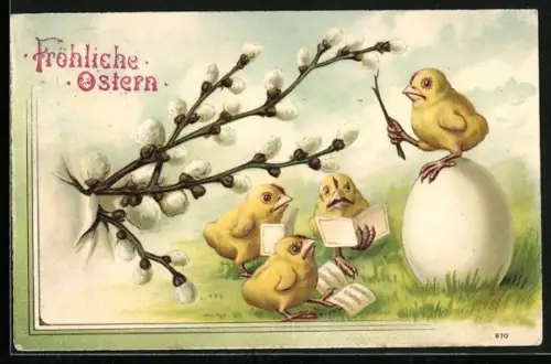 Präge-AK Osterküken singen auf der Wiese, Fröhliche Ostern