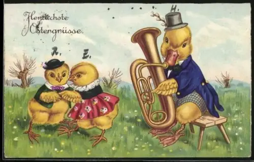 AK Osterküken tanzen während ein Entenküken Musik spielt, Herzliche Ostergrüsse