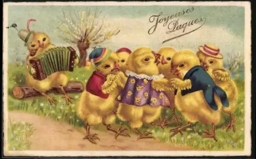AK Osterküken tanzen zusammen zu Akkordeon-Musik, Joyeueses Paques