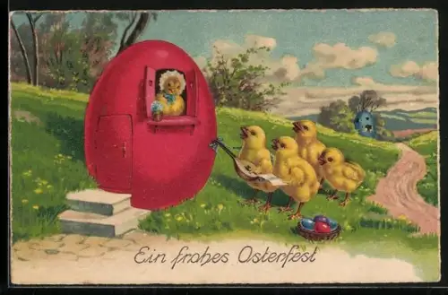 AK Osterküken singen und musizieren vor einem Ostereier-Haus, Ein frohes Osterfest