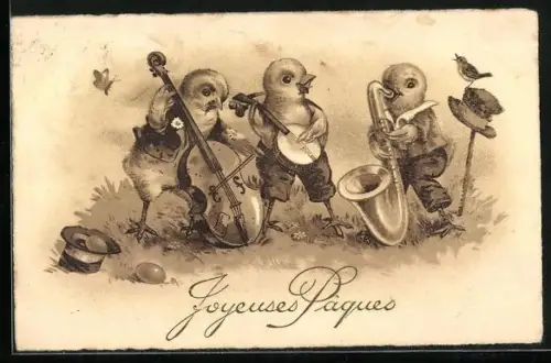 AK Osterküken musizieren auf einer Wiese, Joyeuses Paques