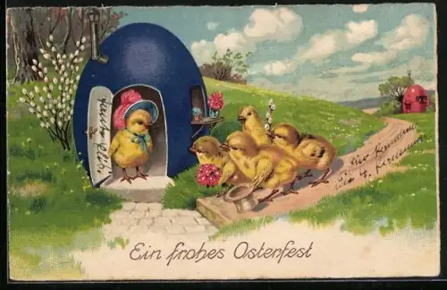 AK Gruppe Osterküken vor einem Osterei-Haus, Ein frohes Osterfest