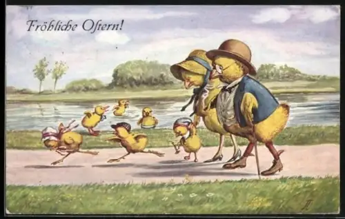 AK Osterküken-Eltern mit ihrem Kindern an einem Fluss, Fröhliche Ostern
