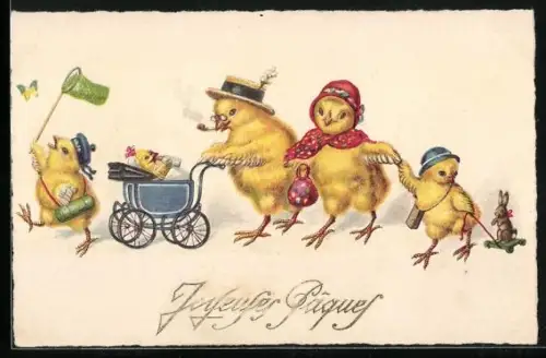 AK Osterküken-Familie mit Kinderwagen, Joyeuses Paques